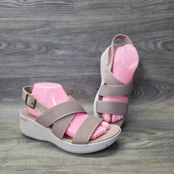 Skechers Sandals Womens 10 Taupe Luxe Foam Cushioned Comfort Platform Wedge - Picture 1 of 12